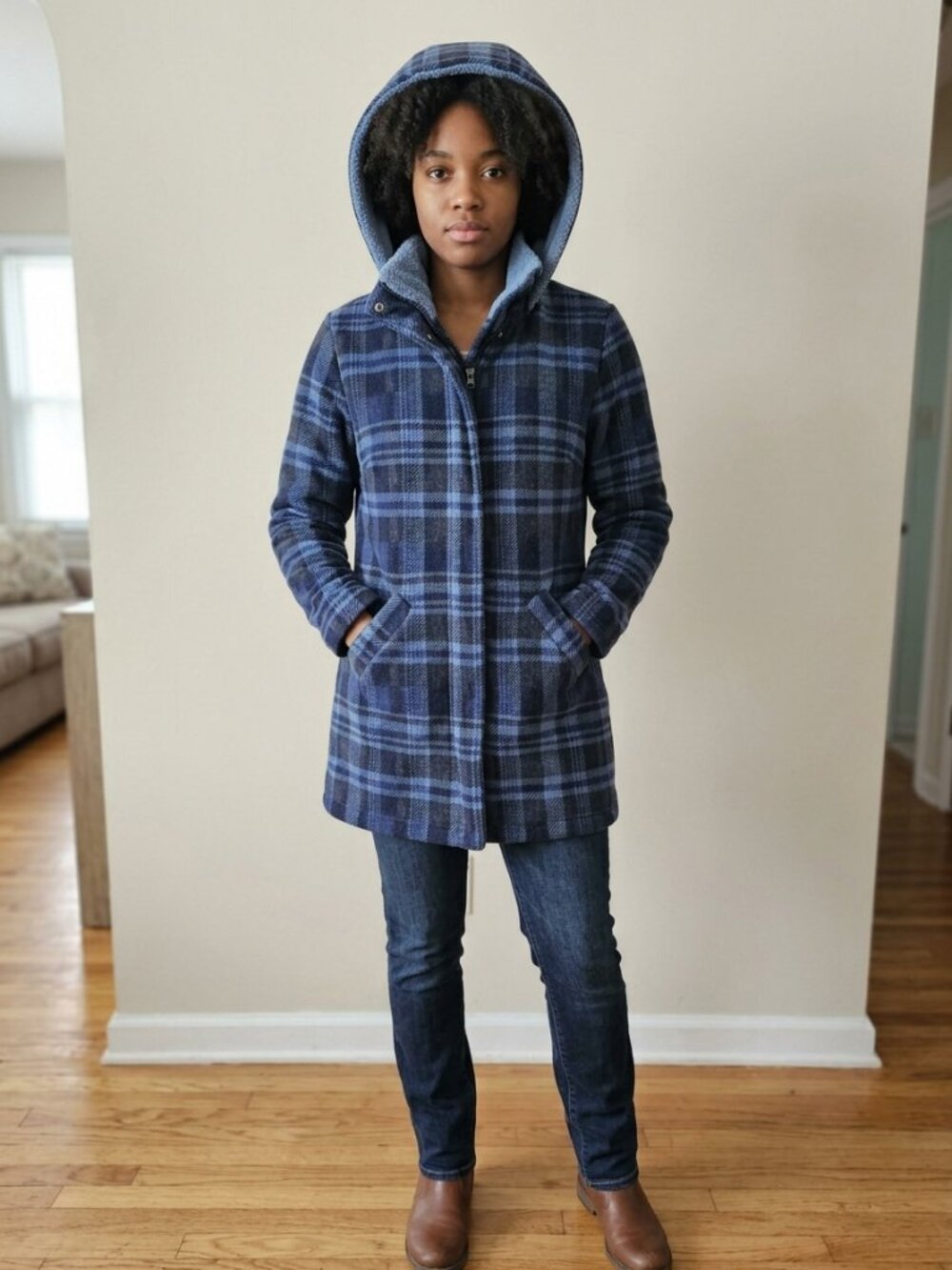 Women thigh-length blue plaid fleece coat